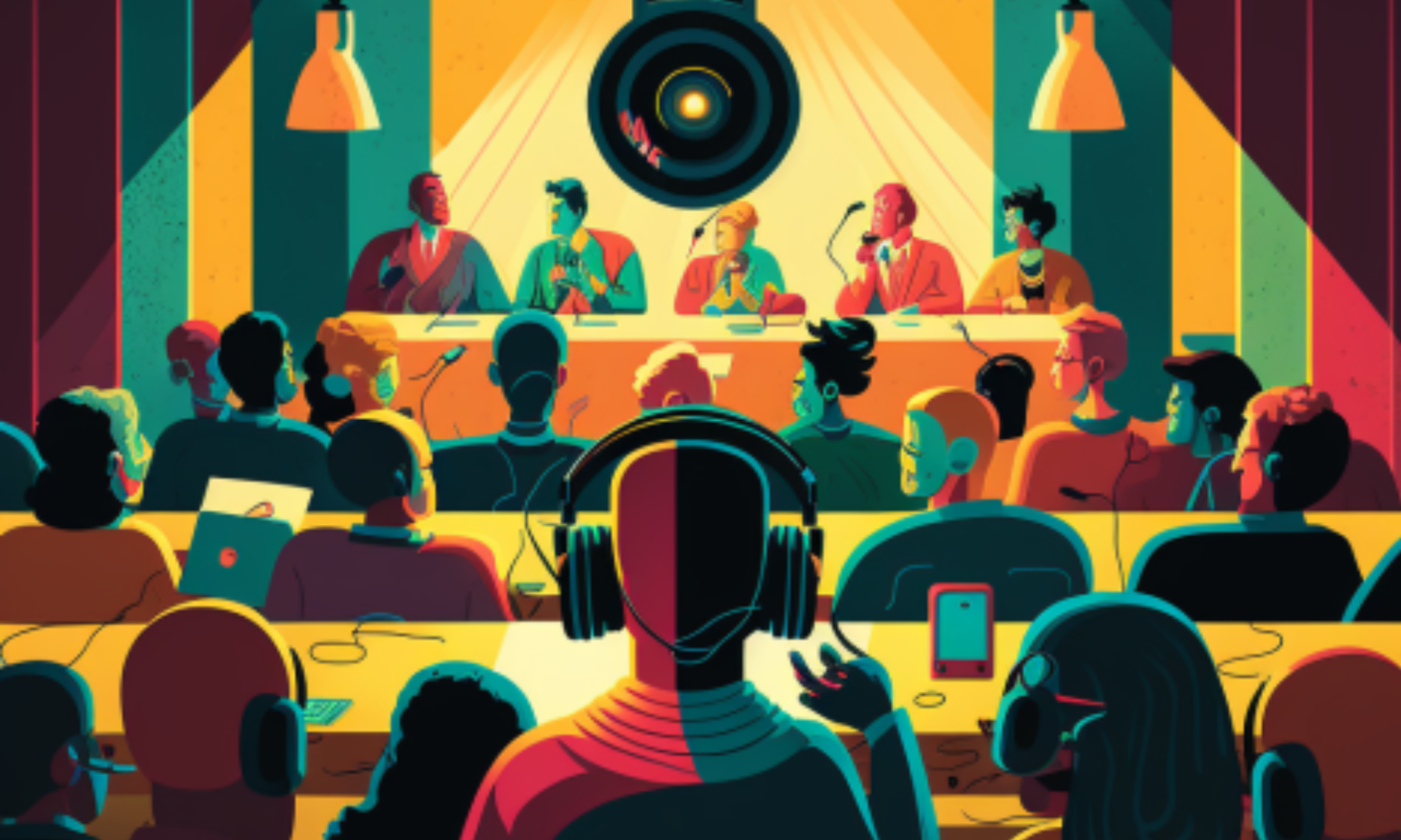The camera focuses on the speaker, but attention given to the audience. Memorable audio elements in the room. A wide-angle shot of a co-working space room filled with relaxed people all wearing headphones and earphones, all raptly focused on a speaker on the podium at the front in front of a mic. The speaker is illuminated by a spotlight. The colors are bright and dramatic. The mood is one of anticipation and eagerness.