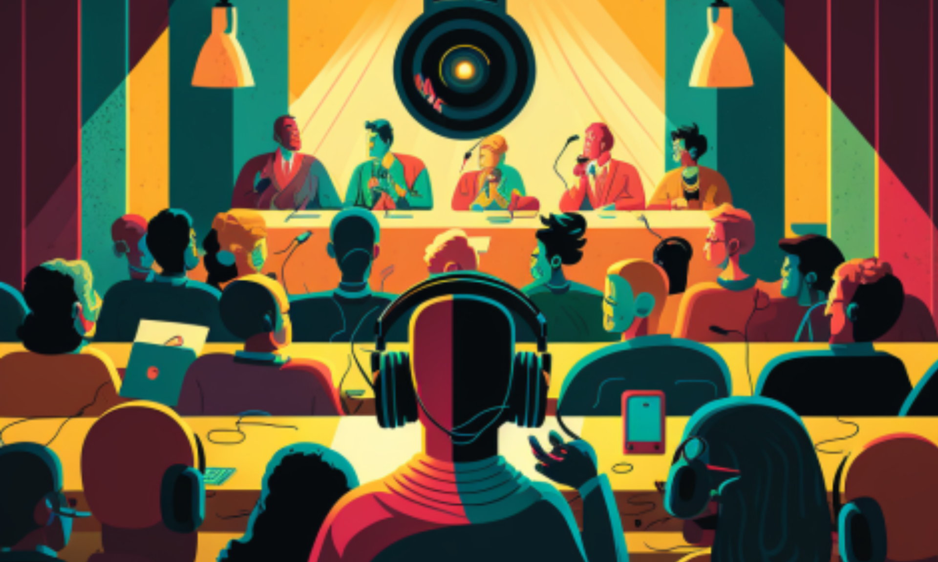 768x461 The camera focuses on the speaker, but attention given to the audience. Memorable audio elements in the room. A wide-angle shot of a co-working space room filled with relaxed people all wearing headphones and earphones, all raptly focused on a speaker on the podium at the front in front of a mic. The speaker is illuminated by a spotlight. The colors are bright and dramatic. The mood is one of anticipation and eagerness.