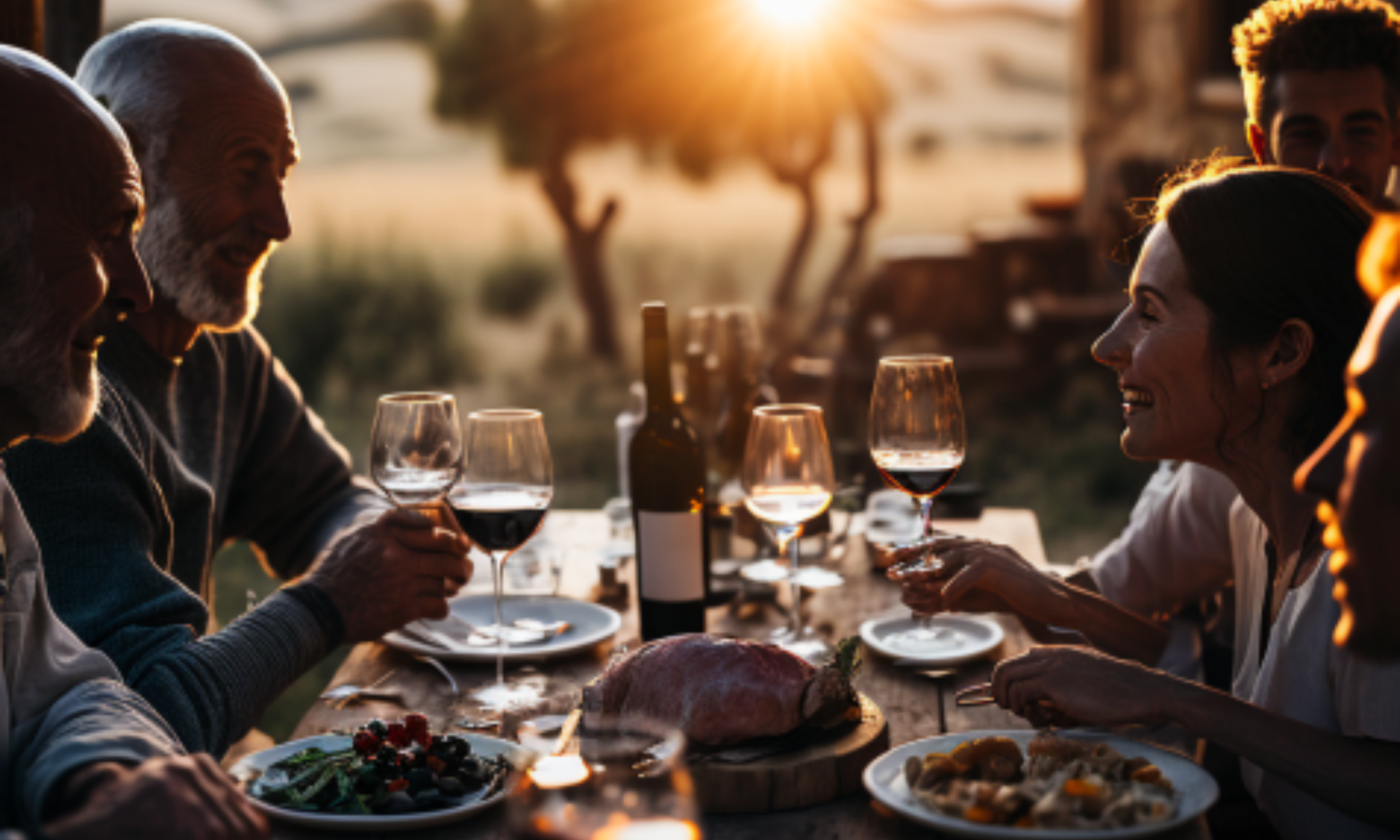 Photo, 4k, middle aged group of females and males gathered around a large farmhouse table in a sun-drenched Napa Valley vineyard. They are eating a homemade meal of artisanal cheeses, fresh-baked bread, and a selection of wines from the region. The men and women laugh and smile as they share their stories and memories of past experiences in the area. The group is framed by the rolling hills of the valley and the vast blue sky above. The camera captures the moment from a slight aerial angle, highlighting the vastness and beauty of the landscape.