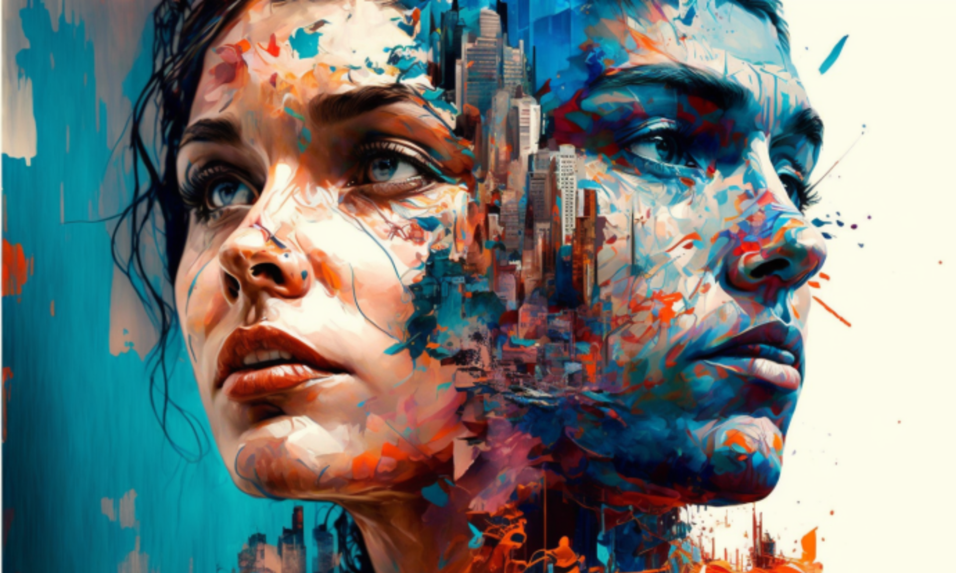 3 Focus on protagonists faces. The colors are bright and dramatic. The chaotic energy of the city below them is juxtaposed with the peacefulness of the moment they share, creating a unique and beautiful connection amidst the chaos