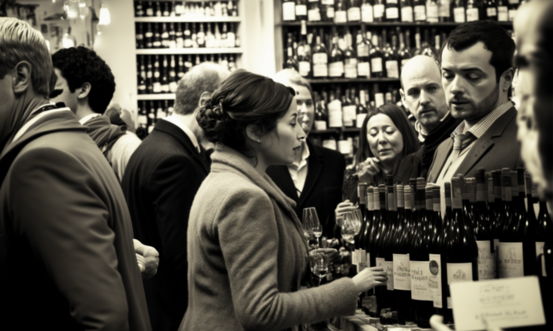 A single photograph of an upmarket, bustling wine shop, Focus on the customers faces happily engaged in the task of chooising. one particular bottle stands out. stylised. fashion photographer inspired 