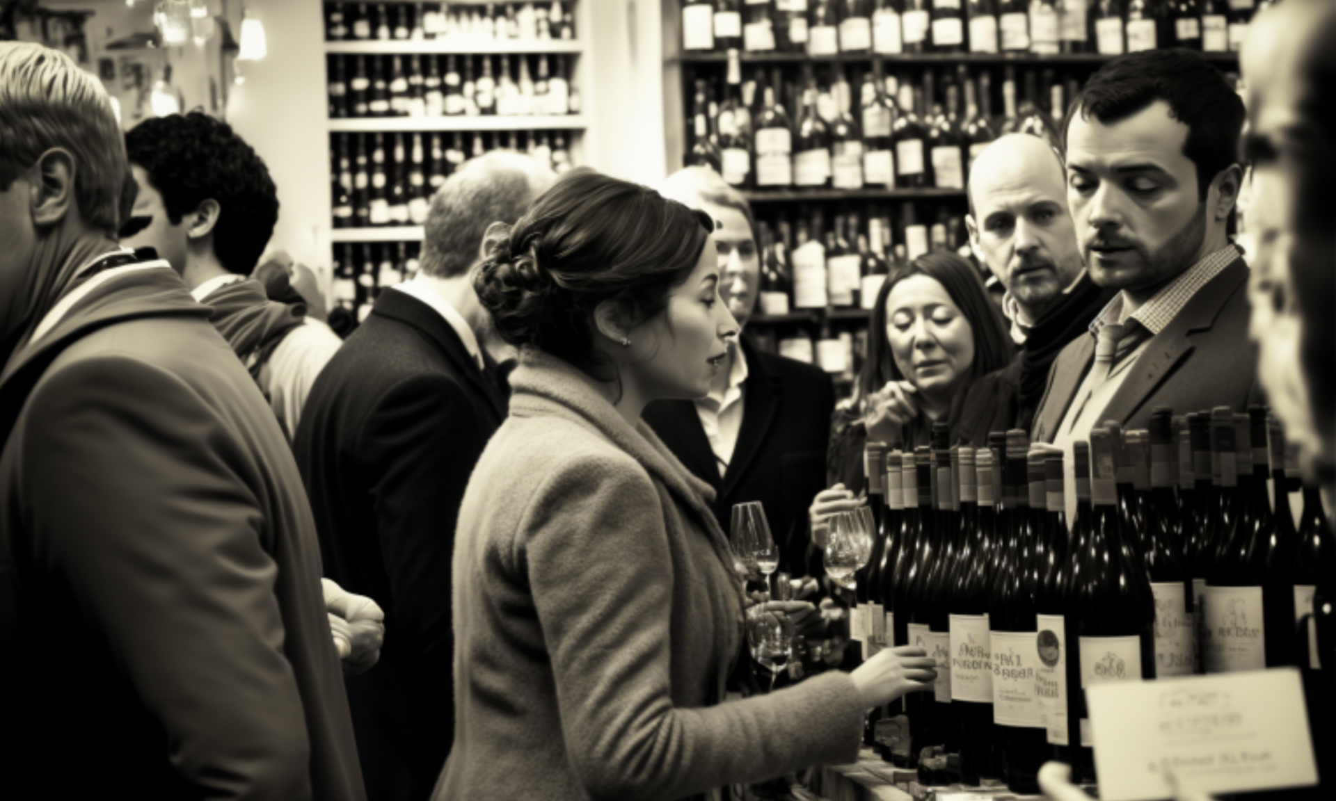 4 A single photograph of an upmarket, bustling wine shop, Focus on the customers faces happily engaged in the task of chooising. one particular bottle stands out. stylised. fashion photographer inspired