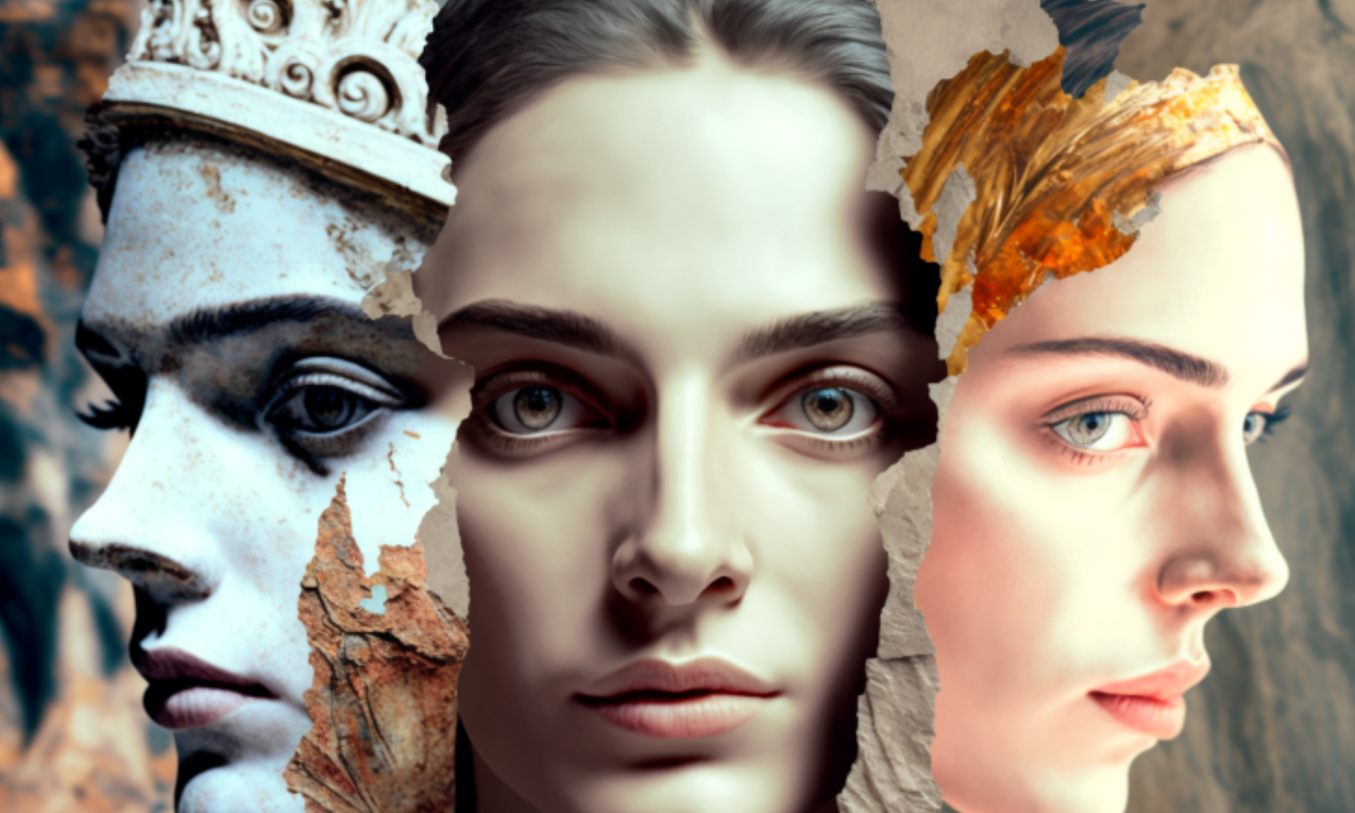 5 collage. beautiful faces. elements from three time periods: 2020, 1820 and 1620. Photo realistic. minute details