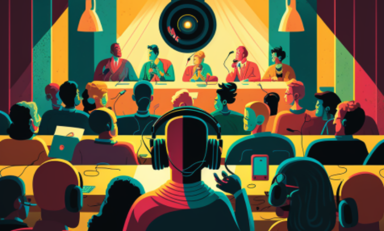 The camera focuses on the speaker, but attention given to the audience. Memorable audio elements in the room. A wide-angle shot of a co-working space room filled with relaxed people all wearing headphones and earphones, all raptly focused on a speaker on the podium at the front in front of a mic. The speaker is illuminated by a spotlight. The colors are bright and dramatic. The mood is one of anticipation and eagerness.