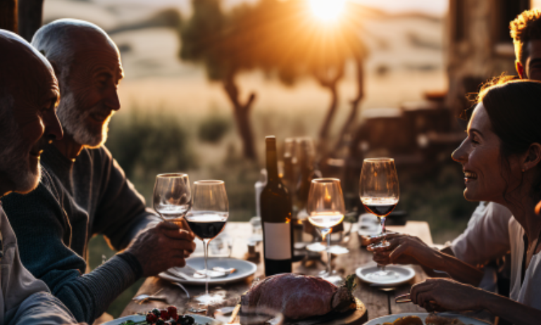 Photo, 4k, middle aged group of females and males gathered around a large farmhouse table in a sun-drenched Napa Valley vineyard. They are eating a homemade meal of artisanal cheeses, fresh-baked bread, and a selection of wines from the region. The men and women laugh and smile as they share their stories and memories of past experiences in the area. The group is framed by the rolling hills of the valley and the vast blue sky above. The camera captures the moment from a slight aerial angle, highlighting the vastness and beauty of the landscape.