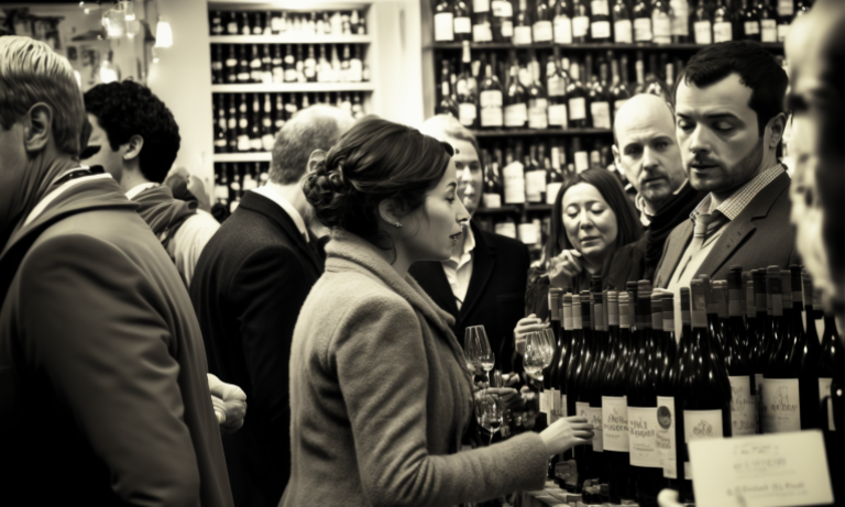 A single photograph of an upmarket, bustling wine shop, Focus on the customers faces happily engaged in the task of chooising. one particular bottle stands out. stylised. fashion photographer inspired