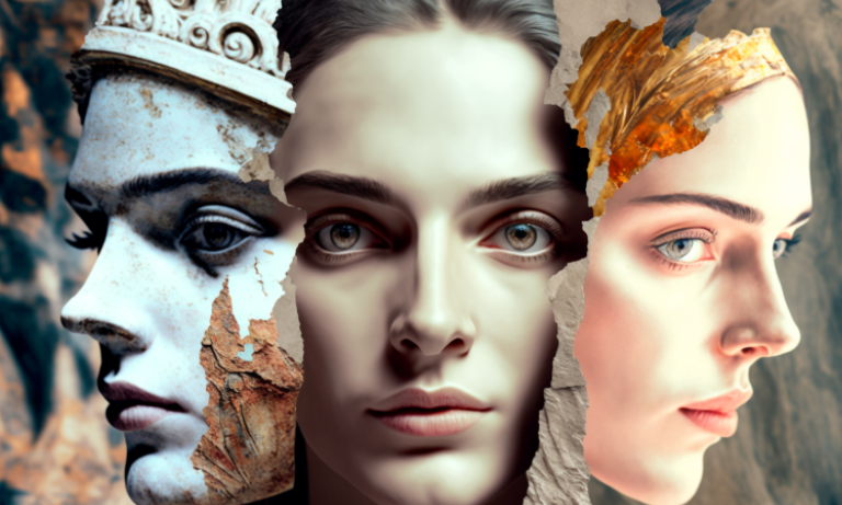 collage. beautiful faces. elements from three time periods: 2020, 1820 and 1620. Photo realistic. minute details